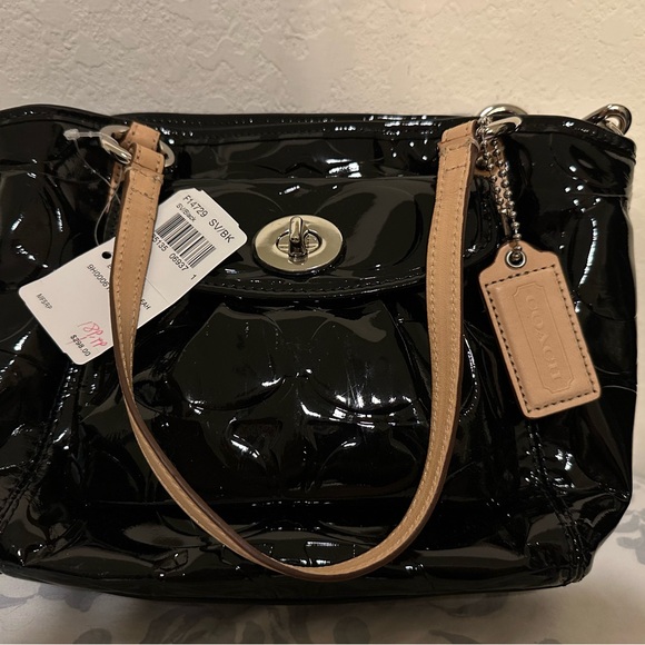Coach Black Patent Leather Shoulder Bag with Tan Straps - Picture 1 of 3
